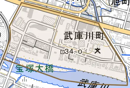 武庫川町とその周辺の地図。町の範囲を重ねている