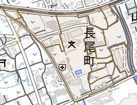 長尾町とその周辺の地図。町の範囲を重ねている