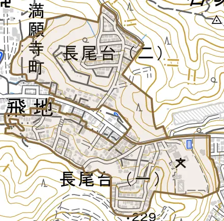 長尾台とその周辺の地図。町の範囲を重ねている