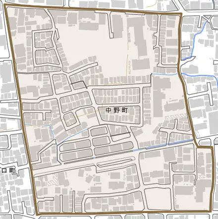 中野町とその周辺の地図。町の範囲を重ねている