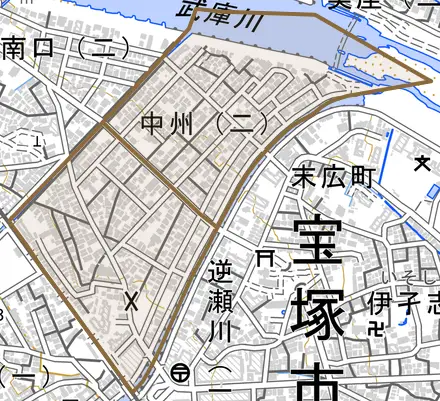 中州とその周辺の地図。町の範囲を重ねている