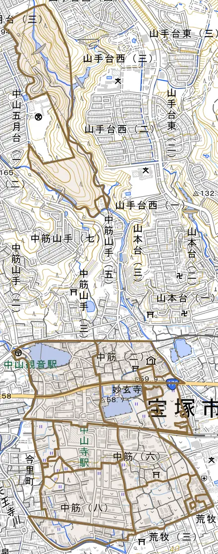 中筋とその周辺の地図。町の範囲を重ねている