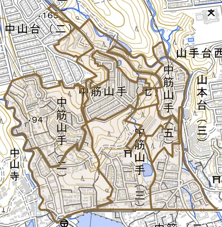 中筋山手とその周辺の地図。町の範囲を重ねている