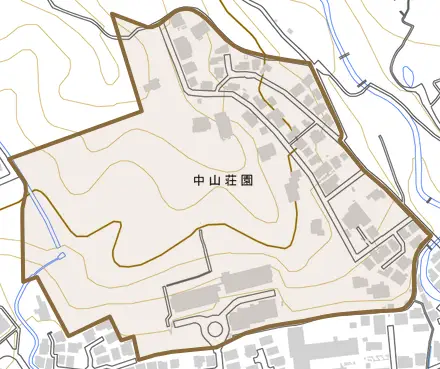 中山荘園とその周辺の地図。町の範囲を重ねている
