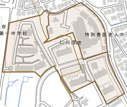 仁川団地とその周辺の地図。町の範囲を重ねている