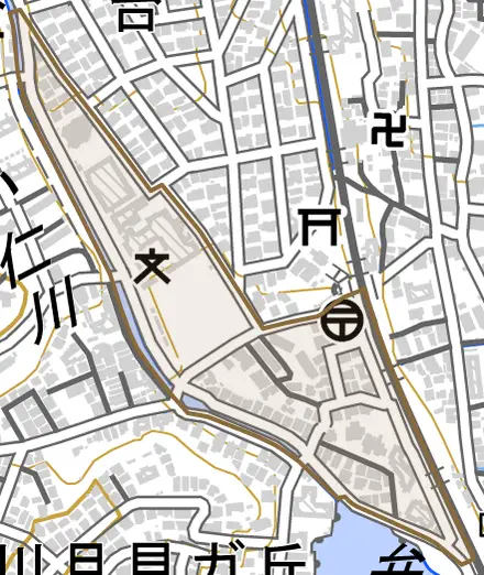 仁川宮西町とその周辺の地図。町の範囲を重ねている
