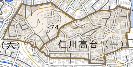 仁川高台とその周辺の地図。町の範囲を重ねている