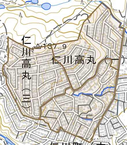 仁川高丸とその周辺の地図。町の範囲を重ねている