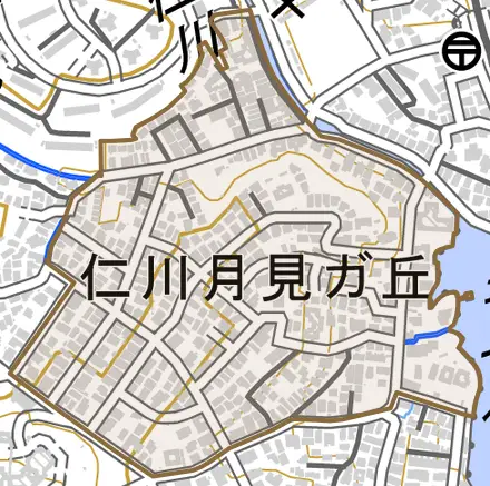 仁川月見ガ丘とその周辺の地図。町の範囲を重ねている