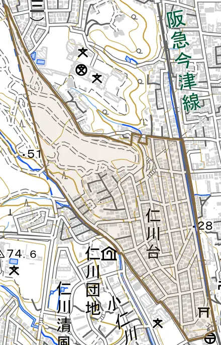 仁川台とその周辺の地図。町の範囲を重ねている