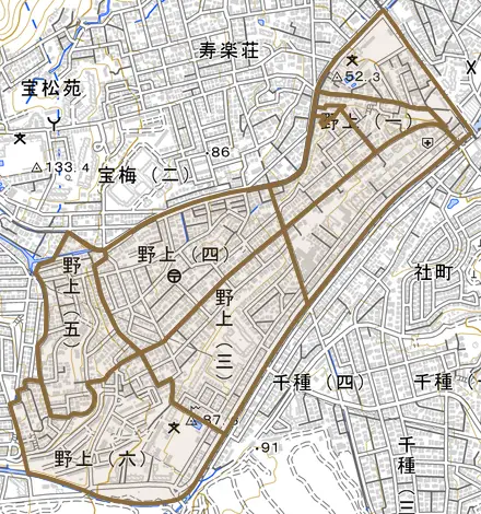 野上とその周辺の地図。町の範囲を重ねている