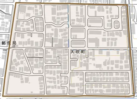 大吹町とその周辺の地図。町の範囲を重ねている