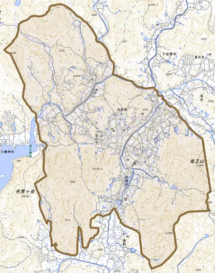 大原野とその周辺の地図。町の範囲を重ねている