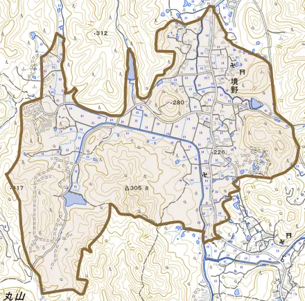境野とその周辺の地図。町の範囲を重ねている