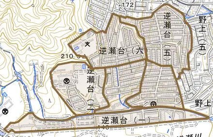 逆瀬台とその周辺の地図。町の範囲を重ねている