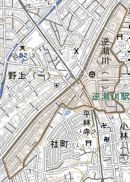 逆瀬川とその周辺の地図。町の範囲を重ねている