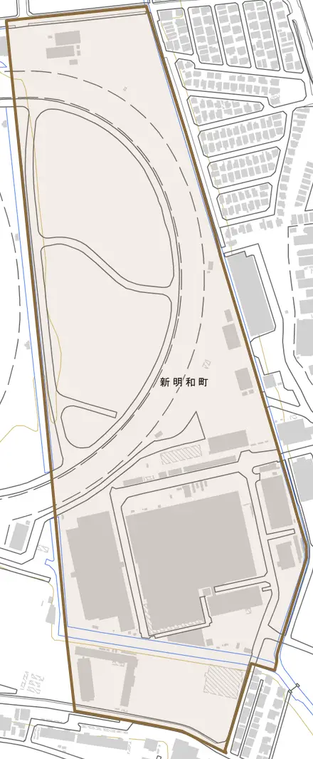 新明和町とその周辺の地図。町の範囲を重ねている