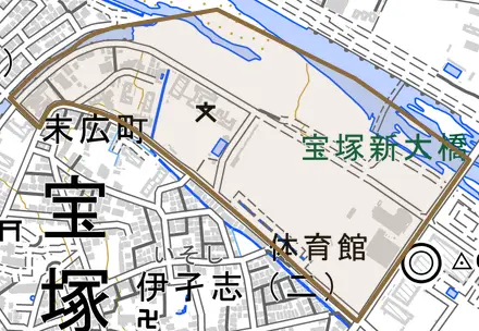 末広町とその周辺の地図。町の範囲を重ねている