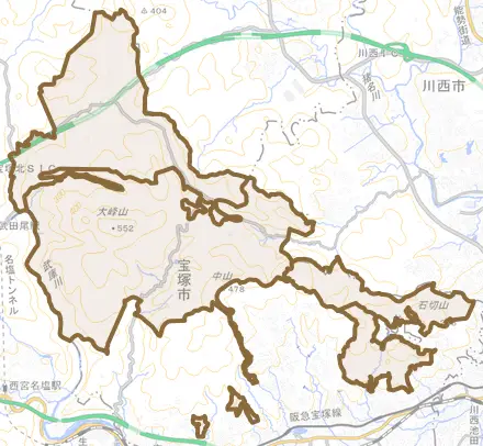 切畑とその周辺の地図。町の範囲を重ねている