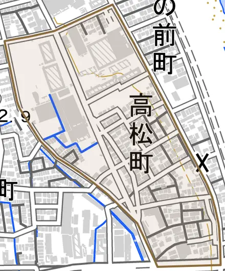 高松町とその周辺の地図。町の範囲を重ねている