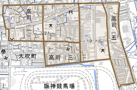 高司とその周辺の地図。町の範囲を重ねている