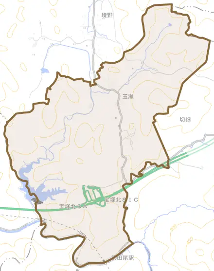 玉瀬とその周辺の地図。町の範囲を重ねている