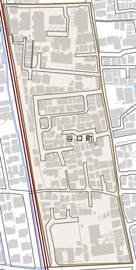 谷口町とその周辺の地図。町の範囲を重ねている