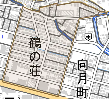 鶴の荘とその周辺の地図。町の範囲を重ねている
