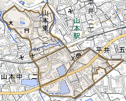 山本東とその周辺の地図。町の範囲を重ねている
