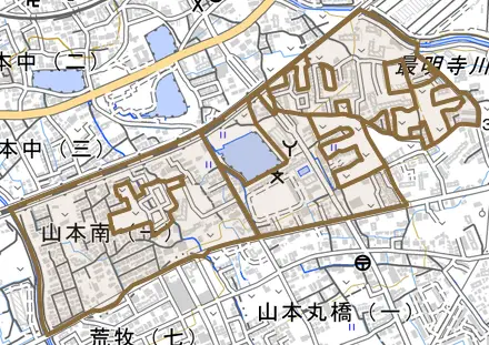 山本南とその周辺の地図。町の範囲を重ねている