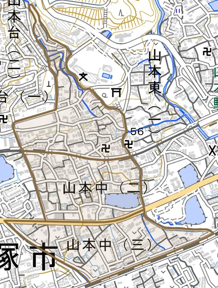山本中とその周辺の地図。町の範囲を重ねている