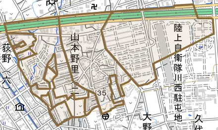 山本野里とその周辺の地図。町の範囲を重ねている