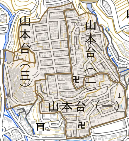 山本台とその周辺の地図。町の範囲を重ねている