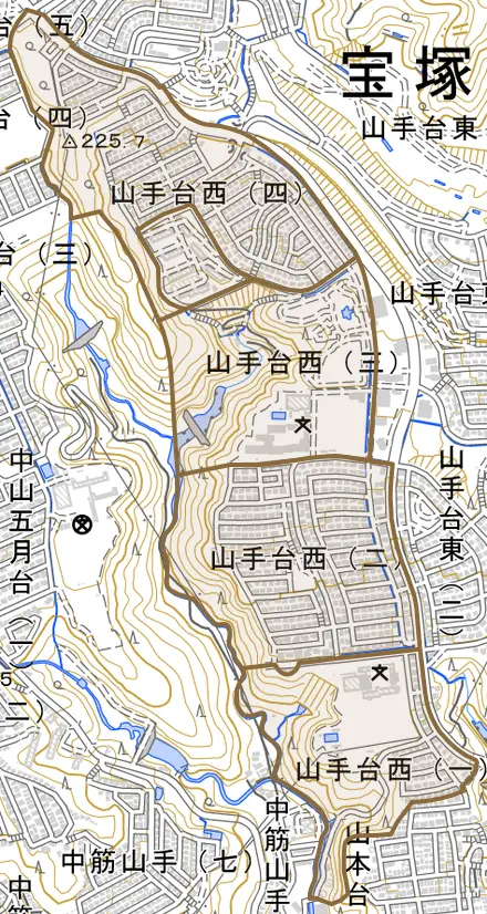 山手台西とその周辺の地図。町の範囲を重ねている