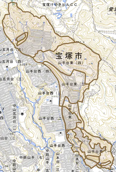 山手台東とその周辺の地図。町の範囲を重ねている