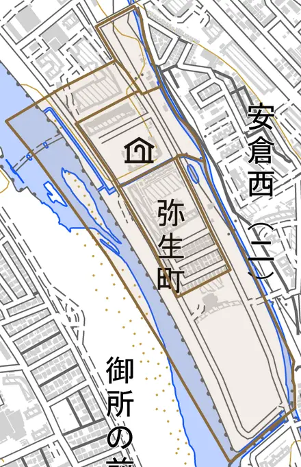 弥生町とその周辺の地図。町の範囲を重ねている
