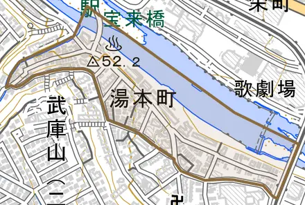 湯本町とその周辺の地図。町の範囲を重ねている