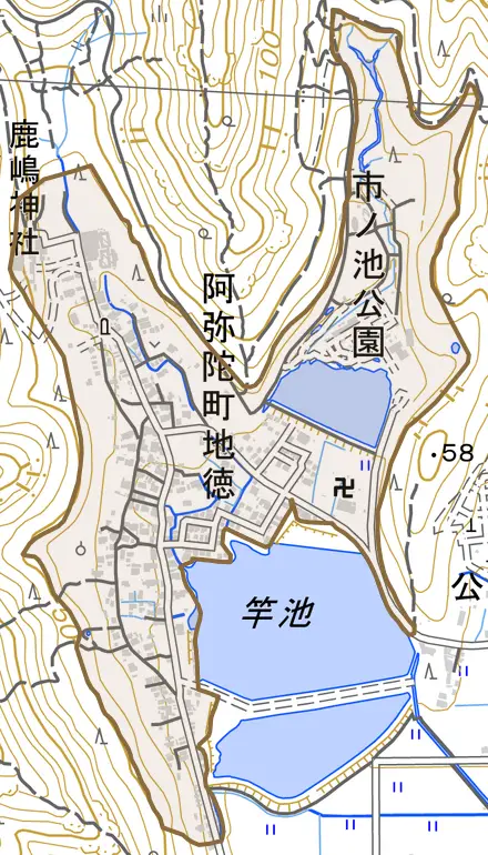 阿弥陀町地徳とその周辺の地図。町の範囲を重ねている