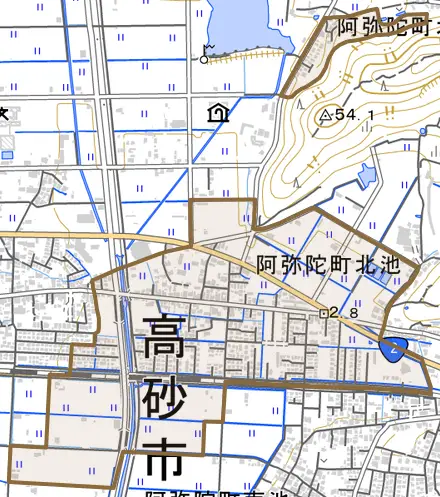阿弥陀町北池とその周辺の地図。町の範囲を重ねている