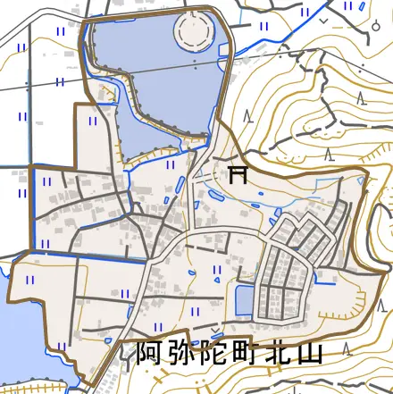 阿弥陀町北山とその周辺の地図。町の範囲を重ねている
