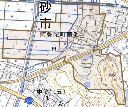 阿弥陀町南池とその周辺の地図。町の範囲を重ねている
