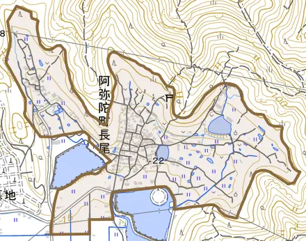 阿弥陀町長尾とその周辺の地図。町の範囲を重ねている