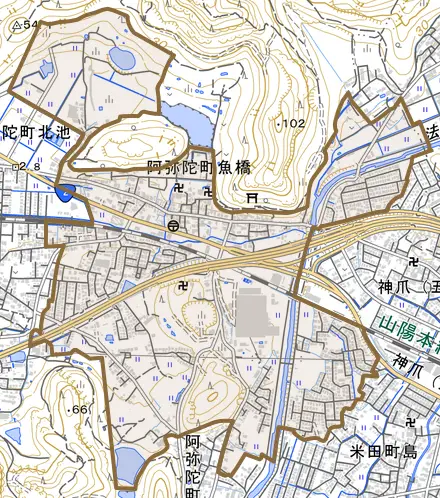 阿弥陀町魚橋とその周辺の地図。町の範囲を重ねている