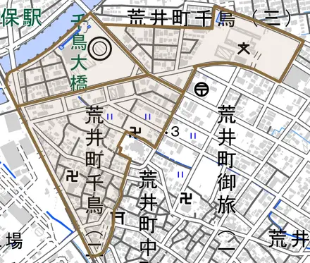 荒井町千鳥とその周辺の地図。町の範囲を重ねている
