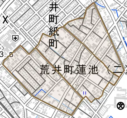 荒井町蓮池とその周辺の地図。町の範囲を重ねている