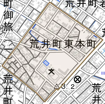 荒井町東本町とその周辺の地図。町の範囲を重ねている
