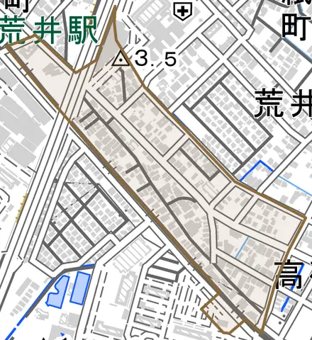 荒井町日之出町とその周辺の地図。町の範囲を重ねている