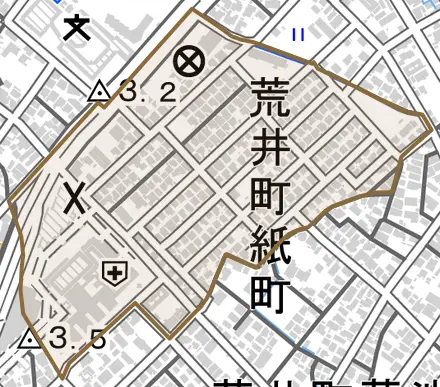 荒井町紙町とその周辺の地図。町の範囲を重ねている