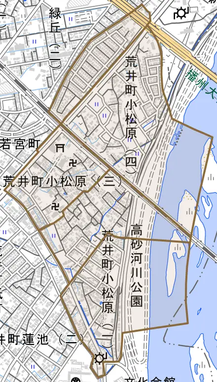 荒井町小松原とその周辺の地図。町の範囲を重ねている