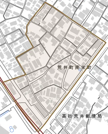 荒井町南栄町とその周辺の地図。町の範囲を重ねている